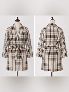 BURBERRY Plaid Tie-Waist Robe Coat - Beige/Black